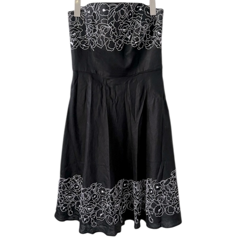 LOFT 100% Linen Black Strapless Mini Dress w White Embroidery Women’s SZ 6